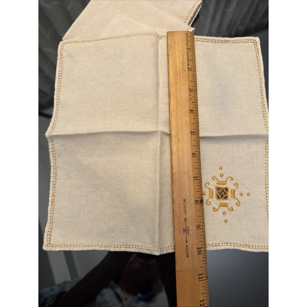 Set Of 6 Napkins Natural Beige‎ Orange Embroidered  Edges Blend Linen Fabric 10